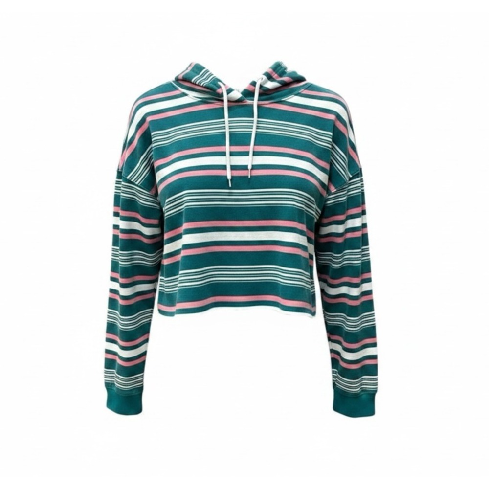 Womens XL Cropped Hooded Sweatshirt Green Pink Stripe Cotton Blend Casual Top